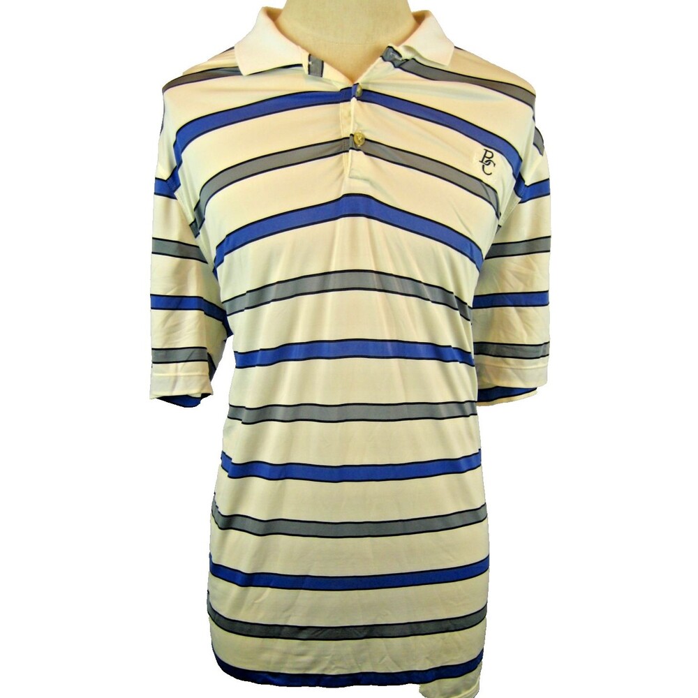 Mens Nike Golf Fit-Dry SS White Blue Striped Rugby Polo Golf Shirt BC Logo sz L